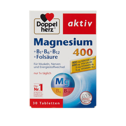 Doppelherz - Double Heart Magnesium 400 + B1 +B6 + B12 + Folic Acid - 30 Tablets.